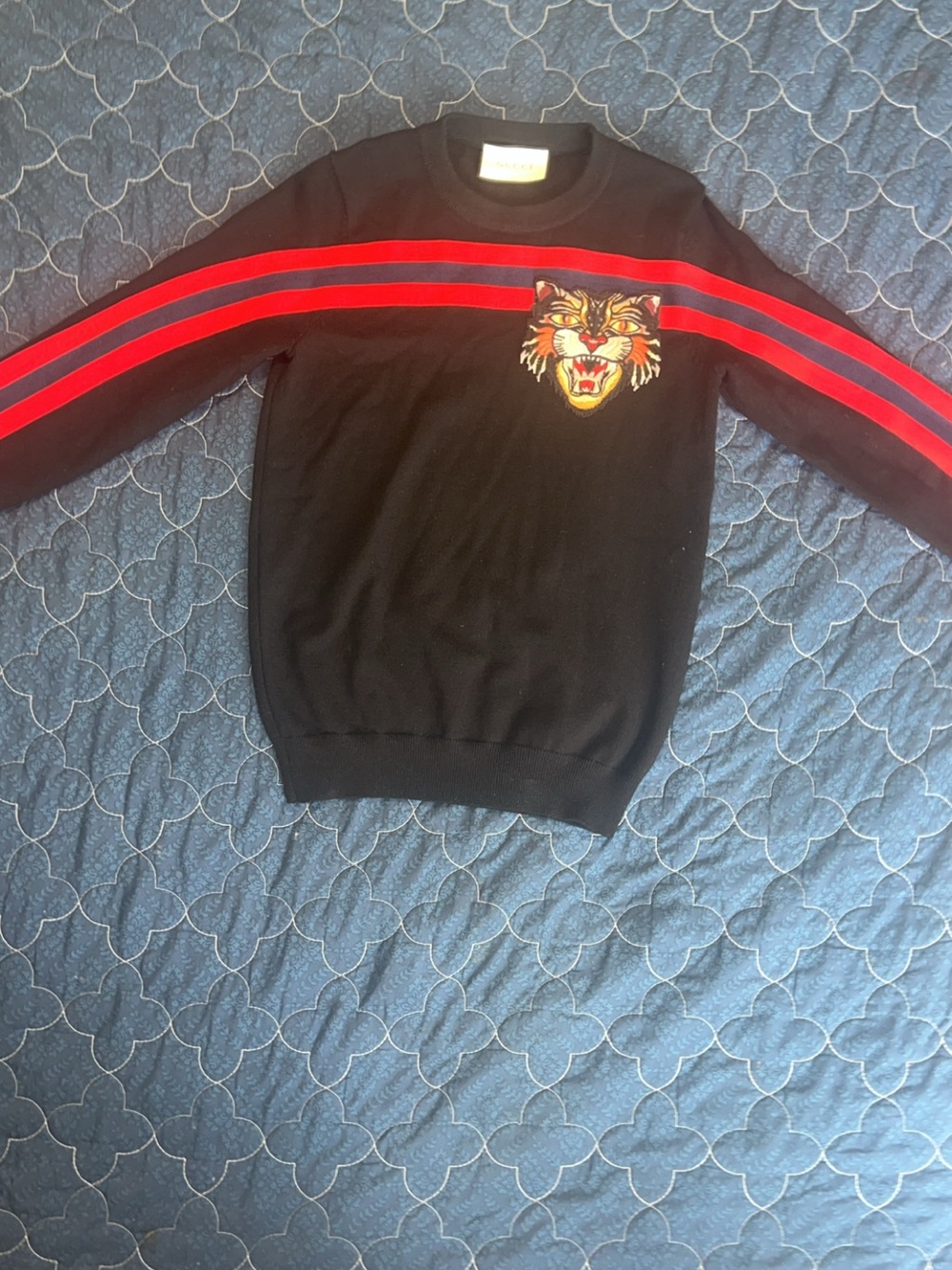 Gucci Black Crewneck Sweater with Red Stripes and Embroidered Tiger Patch
